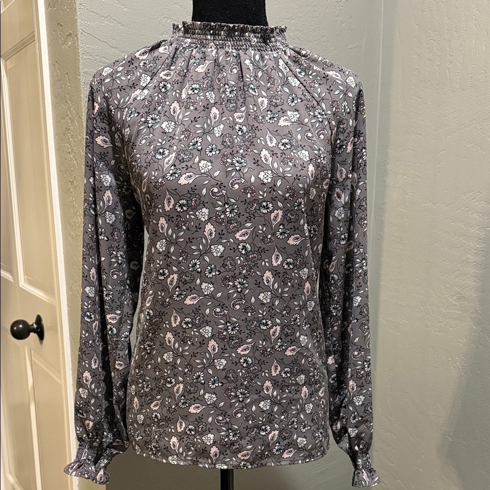 LOFT Charcoal and Pink Floral Blouse